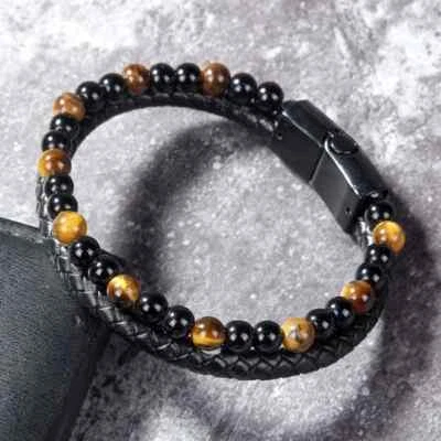 Brazalete brazalete magnético envolvente de cuero trenzado ojo de tigre natural para hombre Foto 1 de 4