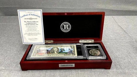 Bradford Exchange Thomas Jefferson Coin & Currency Set w/Wooden Display Case Cover