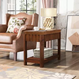 25'' Rectangular Farmhouse Solid Pine Wood End Table with Open Storage Shelf - Picture 1 of 13