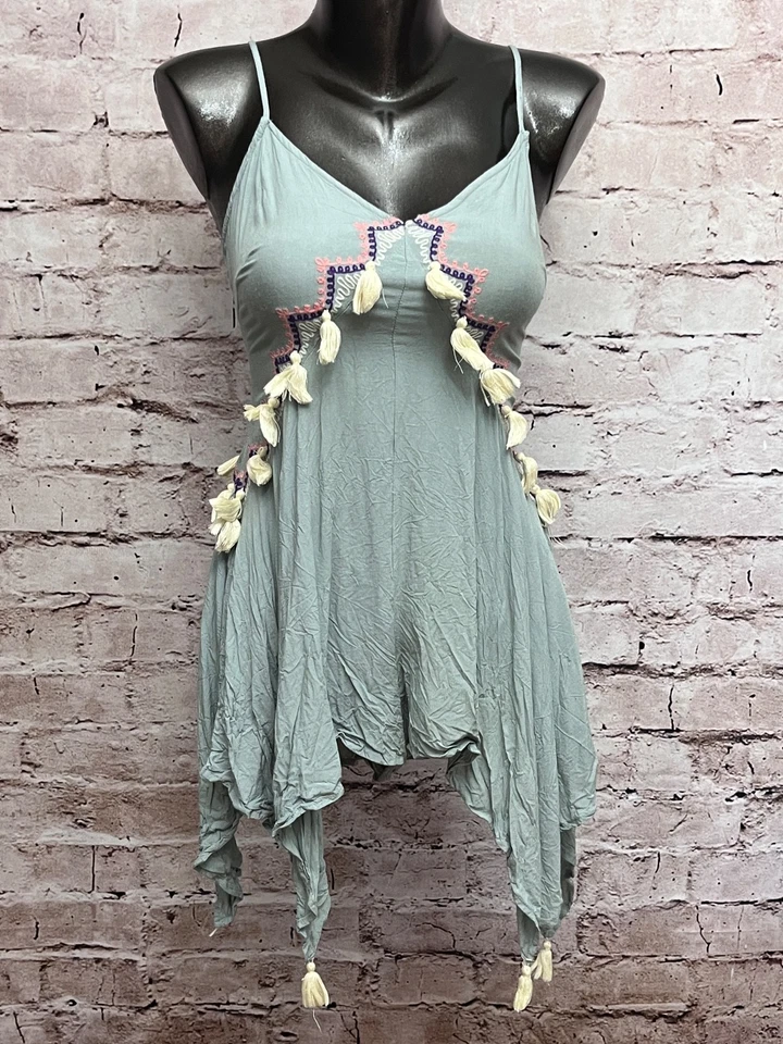 L'Atiste by Amy Boho Tasseled Fall Romper Dress Women's S Green Zip-close - Image 1 of 4
