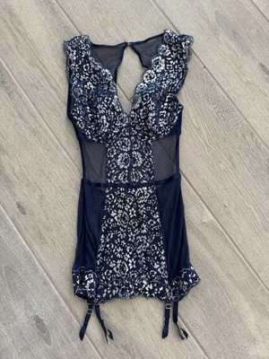 VICTORIA'S SECRET Sheer Lingerie Corset Bustier Navy/ Silver  Sexy outfit 34B - Image 1 of 4