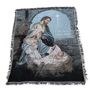 Woven Tapestry Throw Blanket 60”x52” NATIVITY MANGER SCENE Holy Family Religious - Picture 1 of 12