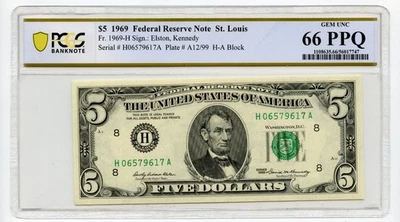 1969 $5 Federal Reserve Note St. Louis H-A Block PCGS GEM UNC 66 PPQ - Image 1 of 2