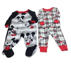 Disney Mickey Mouse Baby Christmas Holiday Lot 2 Pajama Set Fleece Romper Sz 12M - Picture 1 of 9