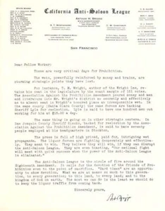 Arthur H Briggs / TWO TYPED LETTERS ONE On CALIFORNIA ANTI-SALOON LEAGUE - Picture 1 of 2