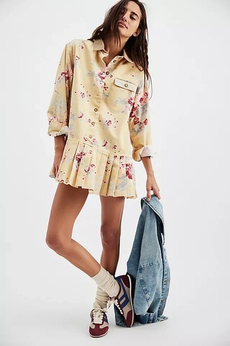 PALM ANGELS Free People Connor Mini Abito Buttondown Stampa Camicia Denim Giallo Morbido Nuovo L