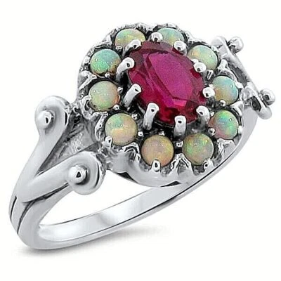 VICTORIAN STYLE 925 STERLING SILVER LAB-CREATED RUBY & OPAL RING            205X - Image 1 of 4