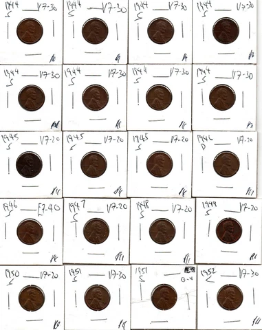 Lot of 20 1944 to 1952 S Lincoln Wheat Cent Pennies 1946 D Cover
