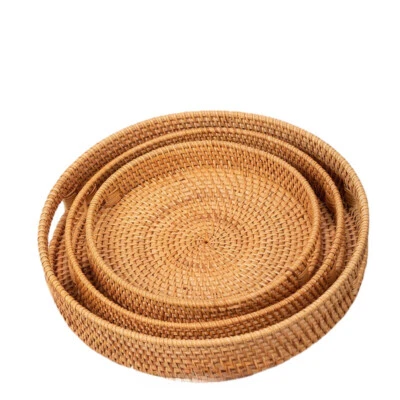 Rattan Round Serving Tray Hand Woven Wicker Storage Basket Tray Home Decor - Image 1 of 4