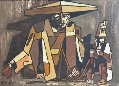 Vintage Cubist Figural Oil Painting Signed Mid Century MCM Modern Art Abstract - Image 1 of 4