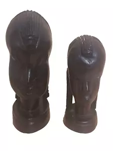 2 Busto testa scultura legno ebano intagliato a mano tribolo africano vintage 4" e 5" - Foto 1 di 6