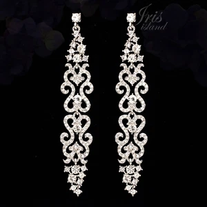 Women Rhodium Plated Long Clear Crystal Rhinestone Drop Dangle Earrings 425 - Picture 1 of 4