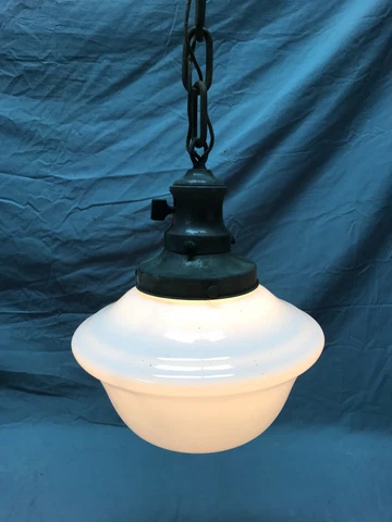 Antique 9" Schoolhouse Bank Ceiling Light White Glass Globe VTG Bronze 296-23B Cover