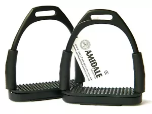 AMIDALE FLEXI SAFETY STIRRUPS HORSE RIDING BENDY IRONS S STEEL BLACK BNWT - Picture 1 of 1
