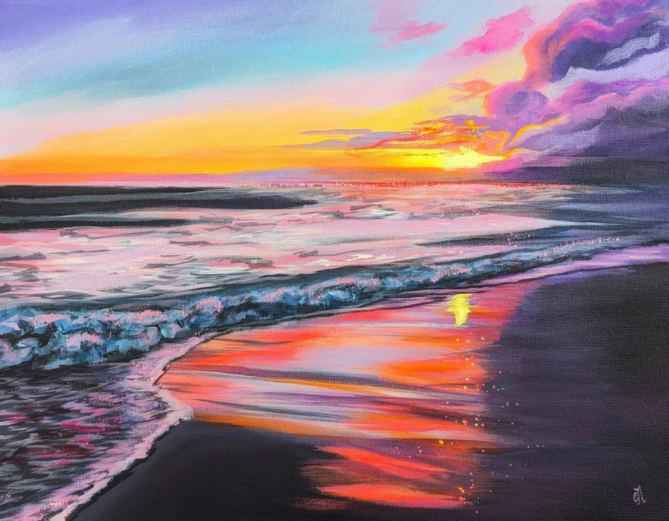 Original Painting. Hand-Painted Canvas. Sunset Beach Art. Ocean Landscape. 11x14 - Image 1 of 1