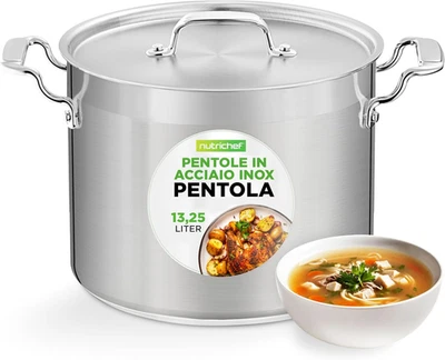 Pentola Acciaio Inox 13,2 L Con Coperchio, Manici Ergonomici, Pentola Induzione  - Immagine 1 di 4