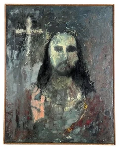 Expressionist Portrait of Jesus Christ with Cross Mixed Media Painting - Picture 1 of 3