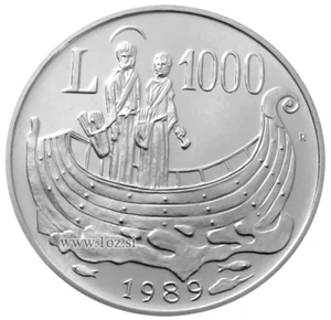 SAN MARINO 1000 LIRE 1989 ( 2 MEN in BOAT ) SILVER Commem. Coin (KM# 240) UNC - Picture 1 of 5