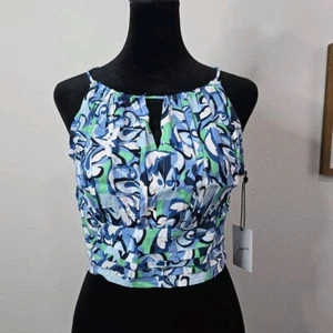 Womans Small Halter Top Shirt Keyhole Open Back Elastic Bottom Blue Green Black  - Picture 1 of 10