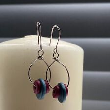 Hoops and Loops Ceramic Blue Red Drop Sterling Silver Earrings Handmade