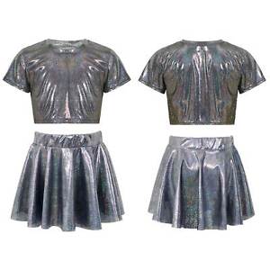 Kids Girls Metallic Set Short Sleeve Crop Top Pleated Skirts Set Jazz Dancewear