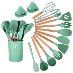 15-piece silicone wooden handle kitchen utensils set kitchen gadgets green 15... - Picture 1 of 9