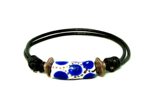 Bracelet Leather Trade Bead Tribe Surfer Adjustable Slide Knot BLUE BROWN COPPER - Bild 1 von 2