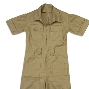 Vintage 100% Cotton 70s Womens Khaki Tan Jumpsuit Size S/M w Snaps, Pockets - Picture 1 of 13