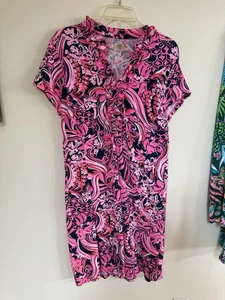 Lilly Pulitzer Luxletic XL Pink & Navy Floral Ruffle Trim Resort Vacation Dress - Picture 1 of 5