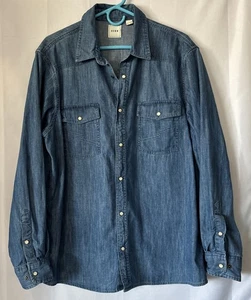 Camisa ROWM Para Hombres L Azul Cambray Perla Broches Preppy Occidental Informal Manga Larga - Imagen 1 de 7
