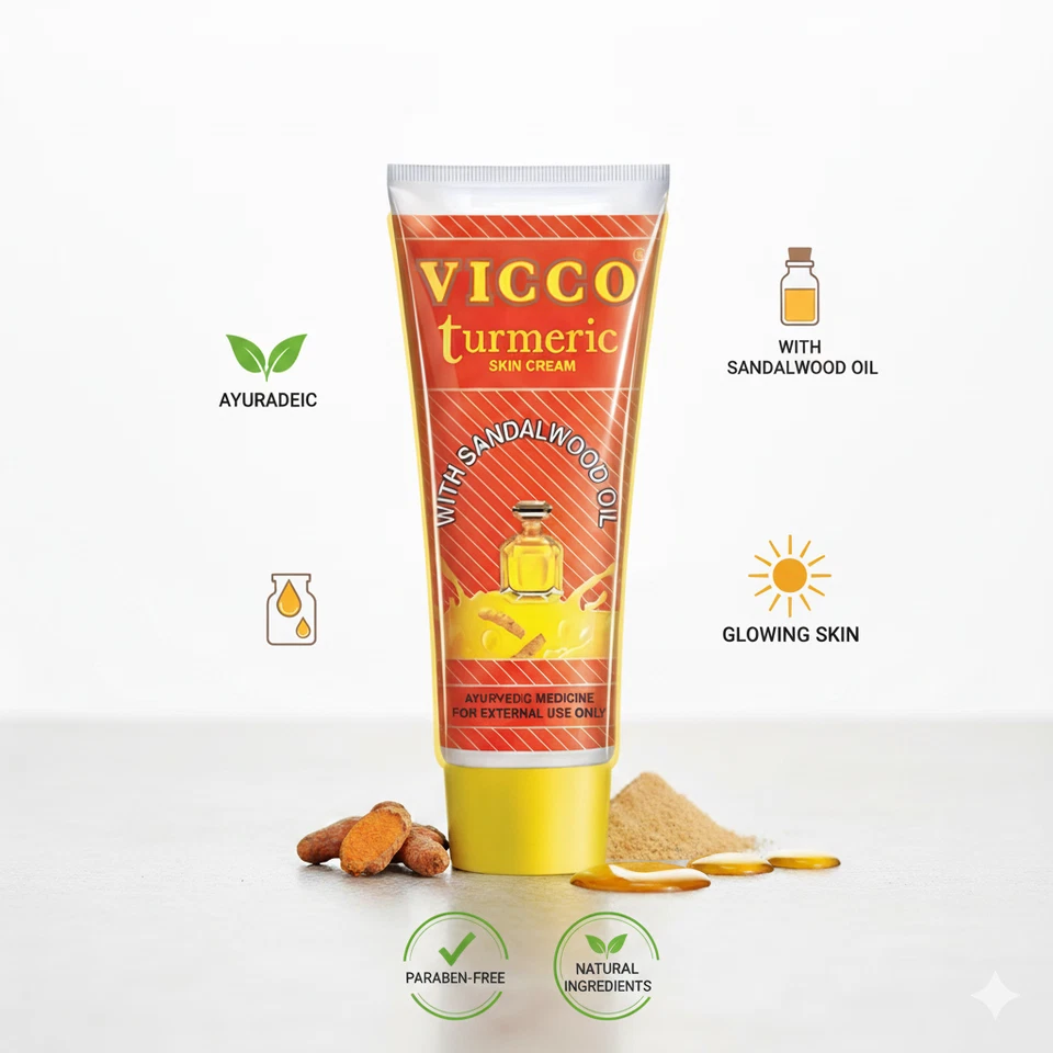 Vicco Turmeric Skin Cream 80g with Sandalwood Oil – Natural Ayurvedic Face Cream - Image 1 of 4