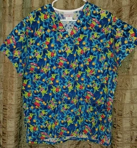 Women's Scrub Top Sz M Peaches Aligator Skate Board Ice Cream Blue Tie Dye Cool - Picture 1 of 6