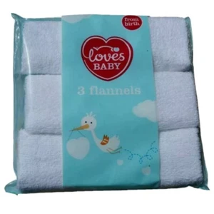 3 pack Baby Flannels White Soft Cotton Wash Cloths Face Towel Unisex ex Tesco - Picture 1 of 2