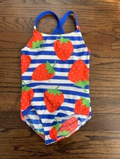 Mini Boden Strawberry Blue White Striped One Piece Bathing Suit 6 7 Yrs