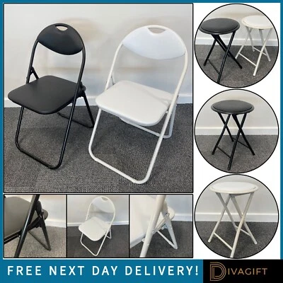 FOLDING CHAIR FOLDING STOOL BLACK WHITE ROUND FOLDABLE METAL CHAIRS STOOLS NEW - Image 1 of 4