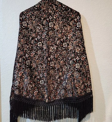 De Colección Negro Terciopelo Floral Burnout Flecos Bufanda Piano Mantón Caprichoso Gótico Boho Hada Foto 1 de 4