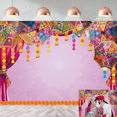 Pink Indian Traditional Wedding Backdrop Diwali Backdrop Hindu Background - Image 1 of 4