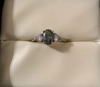 Vintage Sterling Silver Mystic Topaz Ring Cocktail Oval CZ Heart 9 925 - Image 1 of 4