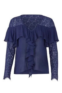 Nicole Miller Atelier Sheer Ruffle Silk Top V-Neck - Blue Lace - Size S or M - Picture 1 of 4
