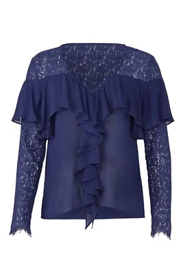 Nicole Miller Atelier Sheer Ruffle Silk Top V-Neck - Blue Lace - Size S or M - Image 1 of 4