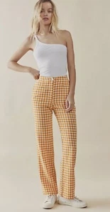 NWT Free people Nice Things Women Orange Check Linen Preppy Trousers Pants Sz 10 - Picture 1 of 13