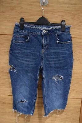 RIVER ISLAND CROPPED DENIM DISTRESSED LONGLINE  SHORTS  SIZE UK  8        R6 - Image 1 of 3