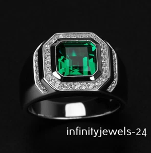 2.55CT Princess Lab-Created Green Emerald Men's Wedding Ring 14K White Gold Over - Picture 1 of 6