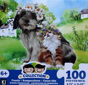 Kitten Cat & Puppy Dog in Floral Headbands Jigsaw Puzzle 100 Pieces 8.75"X11.25" - Picture 1 of 3
