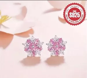 Sterling Silver Lab Created Pink/White Sapphire Cherry Blossom Stud Earrings - Picture 1 of 5