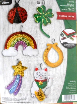 #89277E BUCILLA "FEELING LUCKY" CAT, RAINBOW, CLOVER, ETC. FELT ORNAMENT KIT NIP