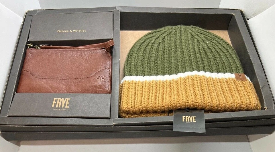 Frye Gift Set - Wristlet & Fatigue Color Block Beanie Cognac Leather Melissa2
