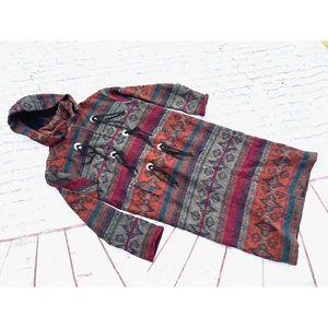 Vintage WOOLRICH Hooded Aztec Tribal Long Trench Coat Jacket Large USA Made - Picture 1 of 6