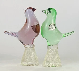 VTG 2 Cristales De Murano Art Glass Clear Purple Green Dove Bird Figurine Mexico - Picture 1 of 20