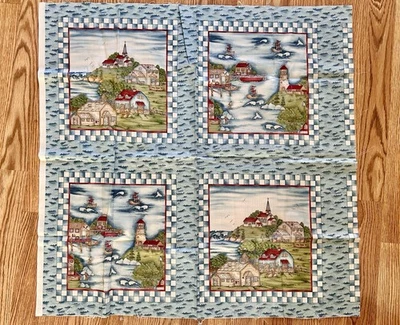 Panel de almohada de tela pasada a cuadros Kathy Walters algodón azul faro Foto 1 de 4